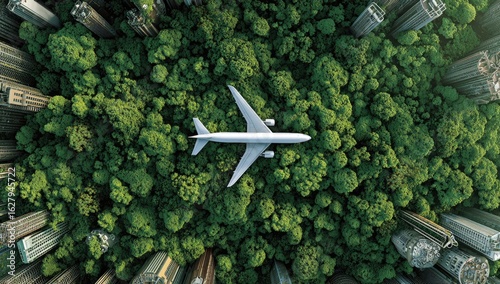 Aerial view of a plane flying over a dense forest surrounded by city buildings
