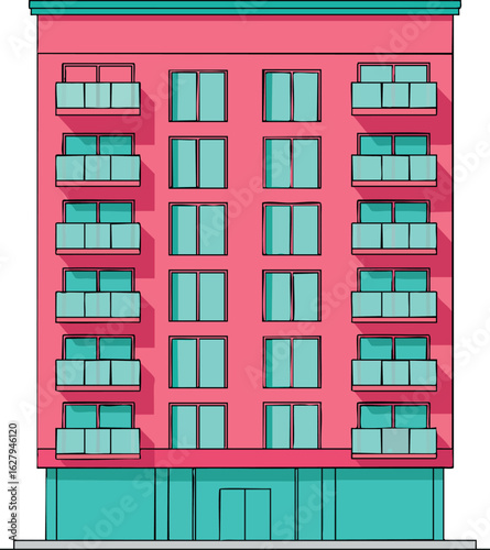 Modern residential building with turquoise balconies and pink facade vector illustration 