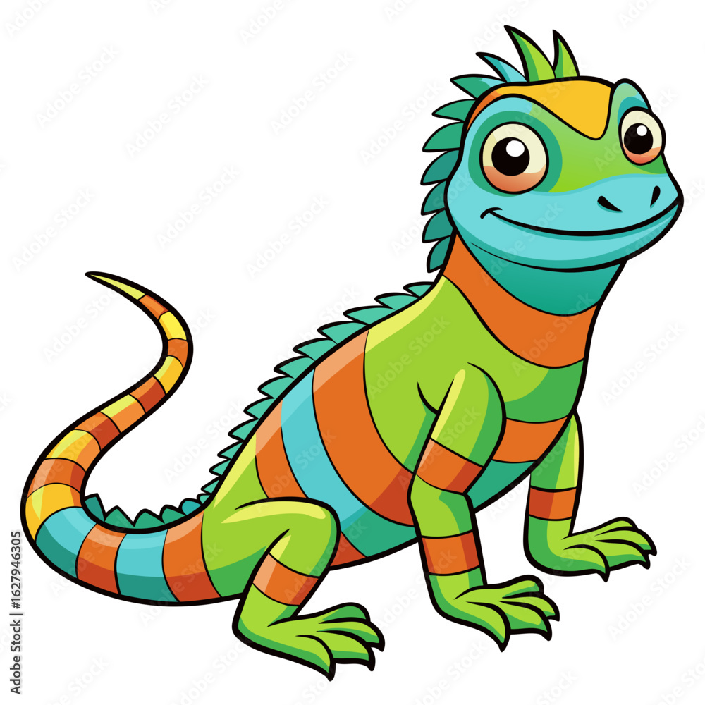Fototapeta premium Cute cartoon green iguana lizard with orange and blue stripes isolated on white background