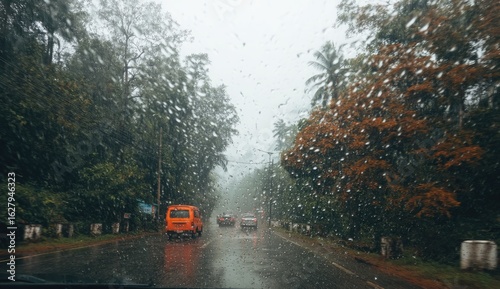 Wallpaper Mural Rainy tropical road, blurred view from inside car Torontodigital.ca