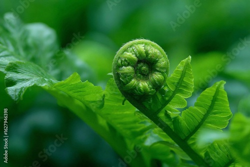 Fern frond unfurling in a lush forest setting during springtime growth season