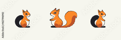 Three cartoon squirrels sitting and smiling with bushy tails in a simple flat minimalist vector style on light background for children or nature themes