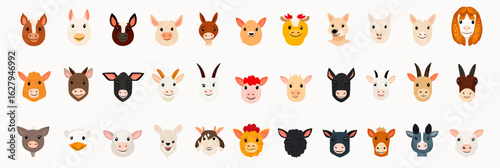 Cute cartoon farm animal heads collection vector flat icons featuring horse donkey pig goat sheep cow chicken duck dog cat bee llama with minimalist design