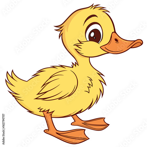 Cute yellow duckling walking, isolated on white background