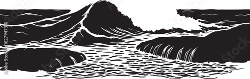 Waves crashing on rocks in silhouette image white backgrpound.