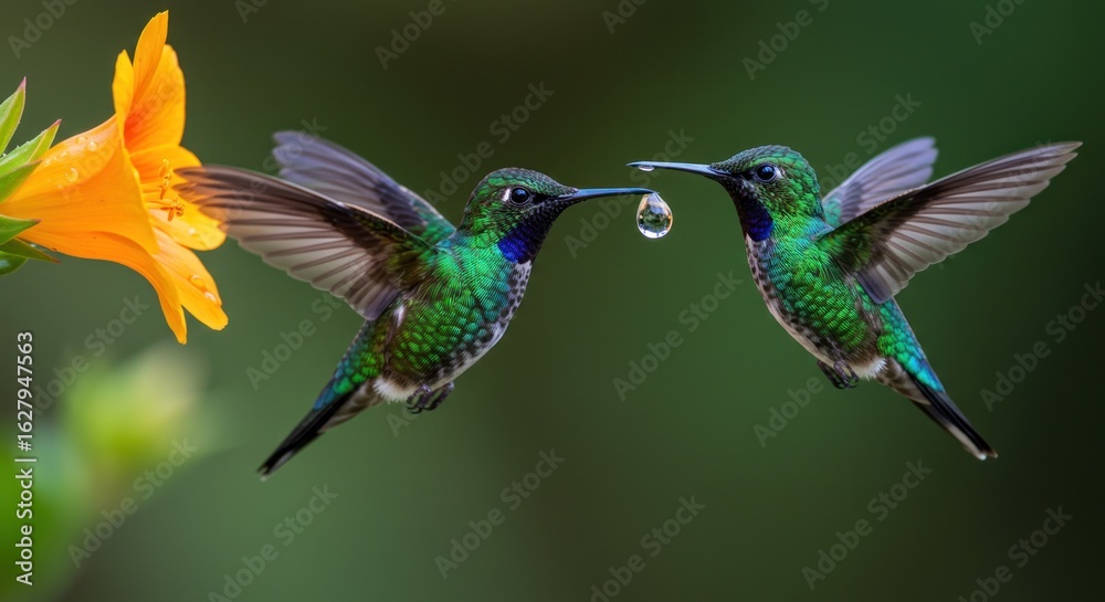 Obraz premium Two hummingbirds in flight