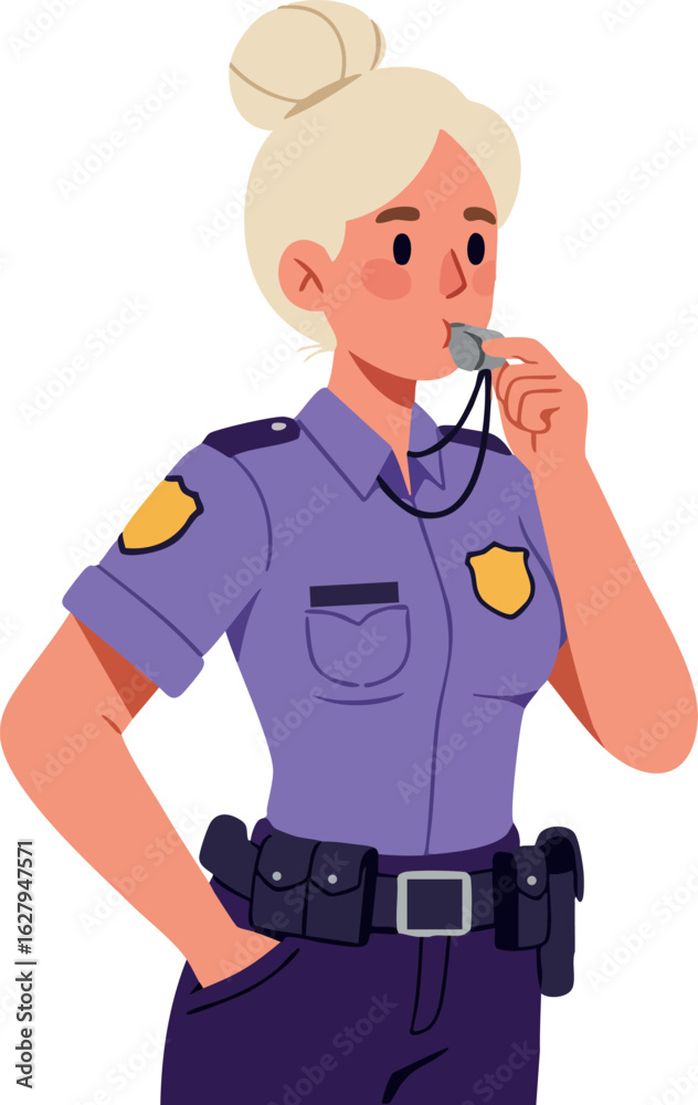 Obraz premium Female Police Officer in Uniform Whistling and Standing with Hand in Pocket Vector Illustration
