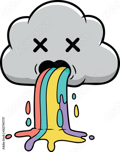 Cartoon cloud vomiting colorful rainbow liquid vector illustration with sad expression 