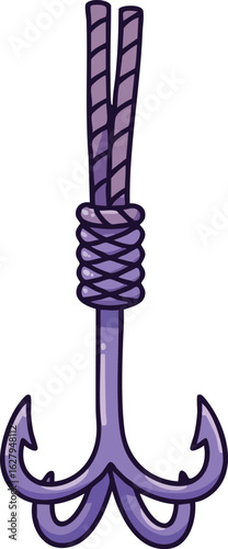 Purple fishing hook with rope knot vector illustration in simple style 