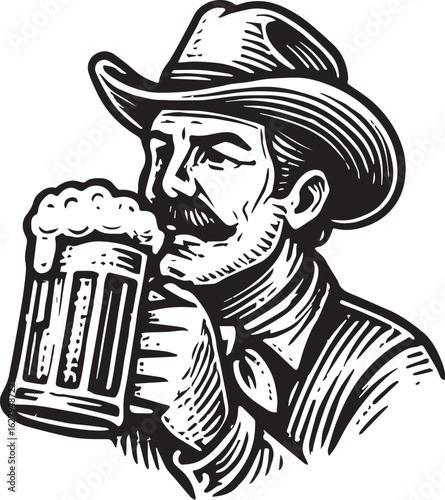 Cowboy drinking a pint of beer vector illustration