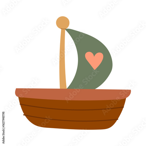 Children's wooden boat toy with a sail. Side-view multicolored toy. Flat colored isolated illustration on white. Retro wooden boat with a heart. Vintage bright multicolored cute children's toy