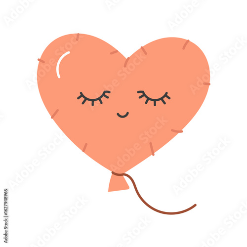 Heart balloon highlighted on a white background. Helium foil balloon on a rope. Cute balloon with closed eyes. Flat color isolated illustration. Birthday and party concept. Vector children's, sleeping
