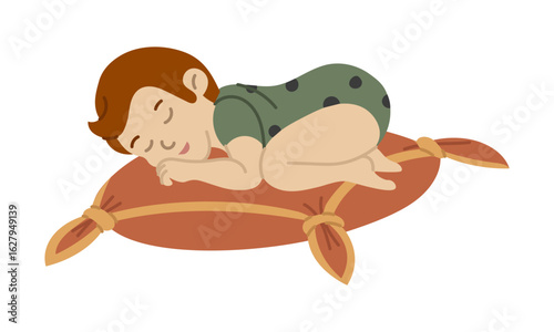 A newborn baby lies on a tasseled pillow. A green polka-dot bodysuit. A soft pillow holds a newborn baby. Sleeping peacefully on its stomach, good night. A flat color isolated illustration. vector