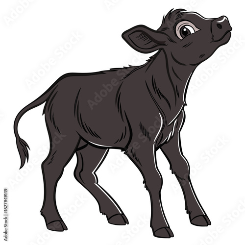 Cute cartoon calf standing and looking up, isolated on white background