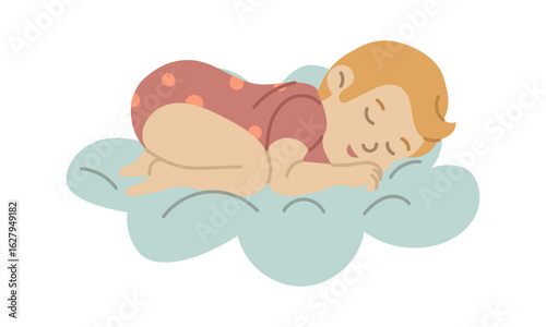 A newborn baby lies on a cloud. Pink polka-dot bodysuit, girl. A fluffy cloud holds a newborn baby. Sleeping peacefully on its belly, good night. Flat color isolated illustration. vector