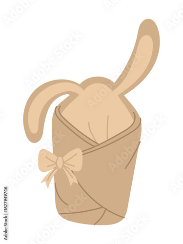 Baby's delicate discharge envelope with bunny ears. Cute blanket with a bow ribbon. Flat color-coded isolated illustration. Gentle first warm discharge clothes for the baby. Cozy outdoor blanket.