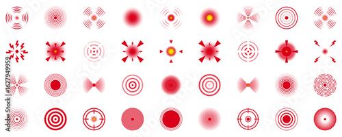 Red Pain Pulse and Target Circle Indicators Icon Set. Ache Localization, Medical Radar Spots, Electric Shock Points and Body Discomfort Zones Symbol Collection. Isolated Vector Illustration