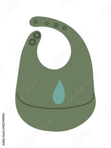 Baby silicone bib on a white background. Green with a drop for feeding young children. Baby everyday item. Flat color illustration. Unbuttoned, worn around the neck. Universal baby eating accessories