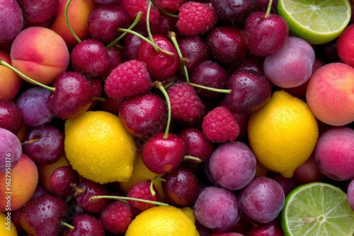 Vibrant assortment of fresh fruits including cherries, lemons, and berries arranged on a textured surface