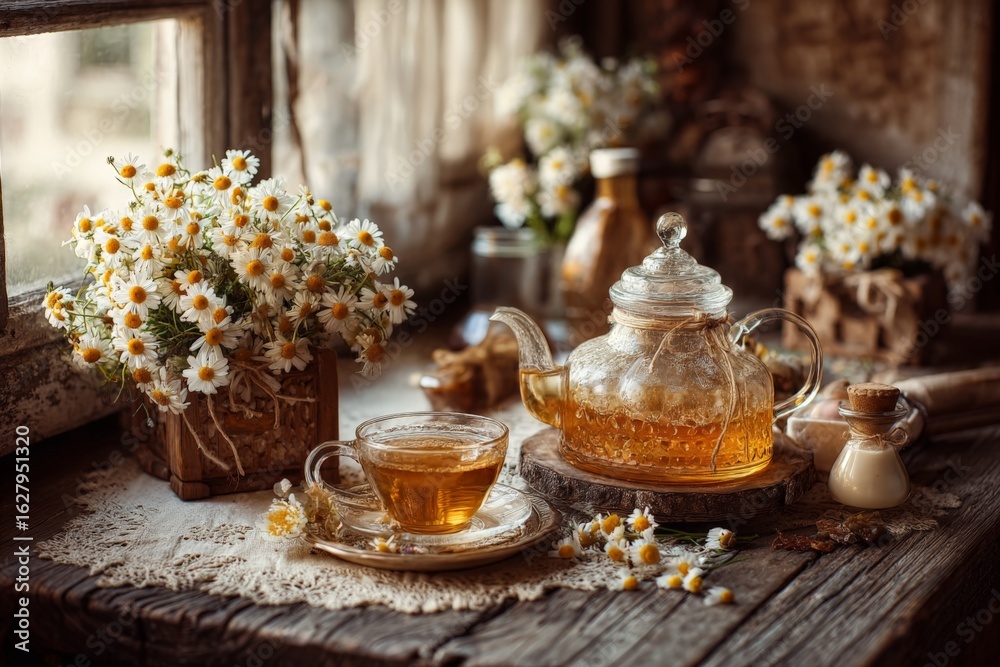 Fototapeta premium Warm herbal tea served in cozy setting with fresh daisies and rustic decor in afternoon light