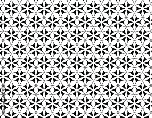 Black and White Hexagonal Geometric Floral Seamless Pattern