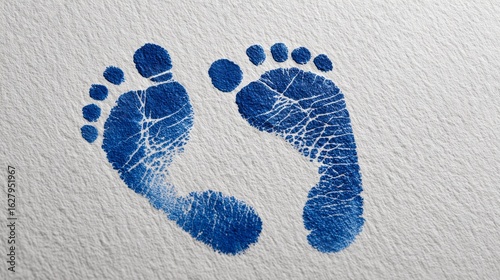 Newborn baby footprints in blue ink on white background. Delicate infant toe prints for birth announcement or keepsake concept.