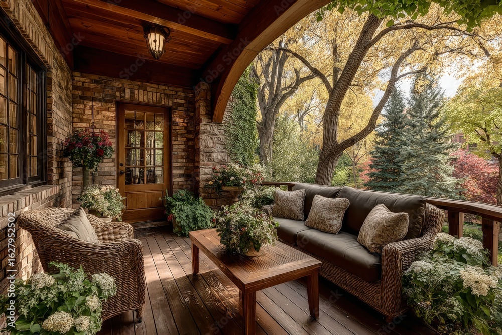 Fototapeta premium Cozy porch with comfortable seating and vibrant fall foliage in a peaceful neighborhood setting