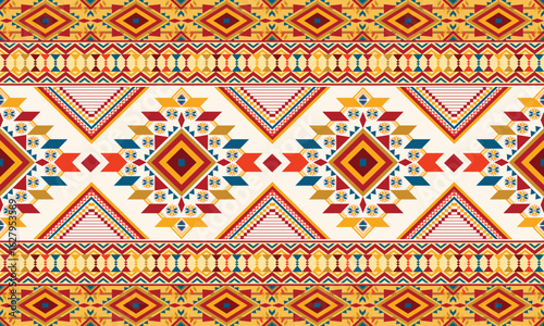 A bold modern tribal geometric pattern with symmetrical shapes and vibrant color contrasts. Perfect for textiles, fashion, and boho-inspired design.