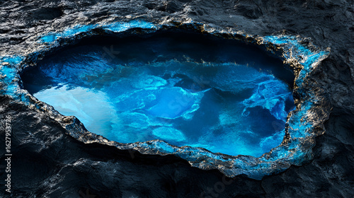 Aerial shot of a blue waterfilled depression in a dark rocky landscape