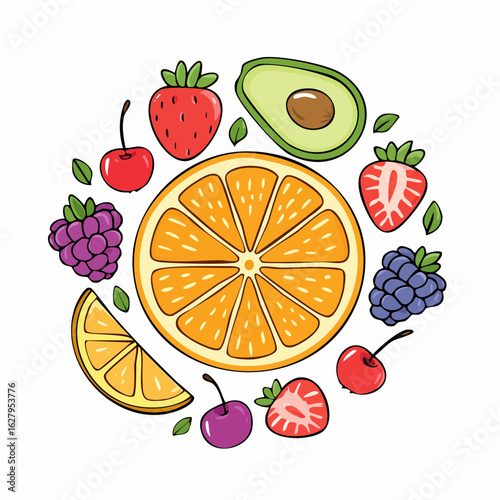 Vibrant medley: Cartoon-style fruits arranged around a juicy orange slice radiating freshness