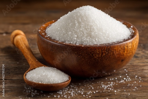 White sugar in a wooden bowl with a spoon, set against a rustic wooden background, emphasizing natural food preparation