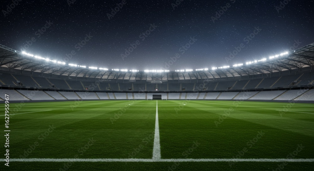 Fototapeta premium Empty Soccer Field Under Stadium Lights and Starry Night Sky in a Futuristic Arena