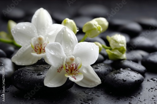 White orchids rest on smooth black stones with water droplets in a serene spa setting
