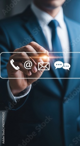 Executive using stylus with futuristic holographic interface. Businessman interacting with digital contact icons in hologram. Modern professional using glowing tech interface for communication.