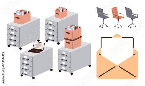 Filing cabinets with documents, laptop, chairs, and open envelope highlight organization, teamwork, mobility, office setup, document management communication and workspace efficiency. Ideal