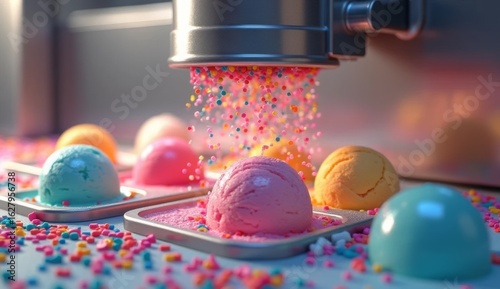 Ice cream decoration process on a conveyor: colorful scoops in metal molds topped with rainbow sprinkles. Bright, appetizing, and technically precise