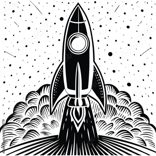 Black and white retro rocket launching with starry background