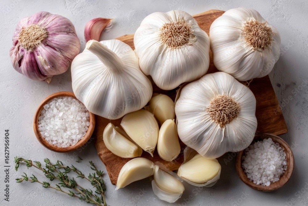 Fototapeta premium Fresh garlic bulbs and cloves with herbs and salt arranged on a wooden cutting board in a kitchen setting
