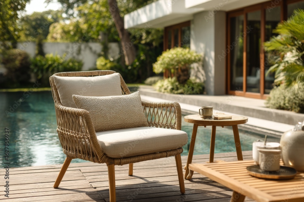 Comfortable outdoor seating area with a pool in a sunny garden setting Comfortable outdoor seating area with a pool in a sunny garden setting