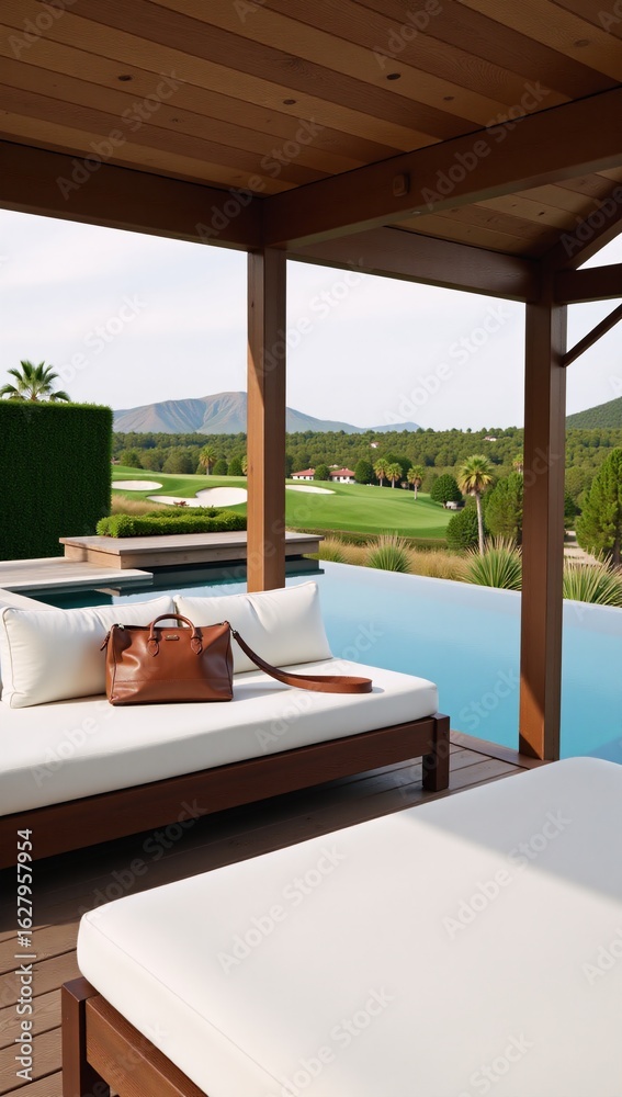 Fototapeta premium Ok Luxurious poolside setting with a vanishing edge pool golf course view and modern cabana seating featuring a leather weekend bag and daybed