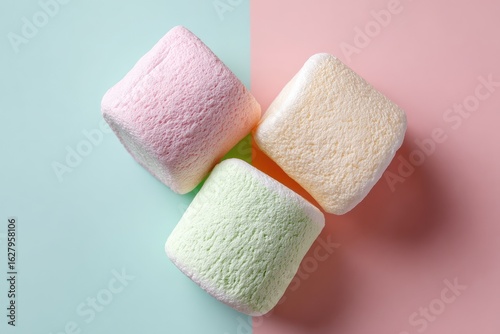 Three pastel-colored marshmallow cubes arranged on a mint green and pale pink background