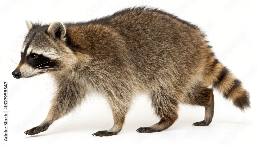 Naklejka premium Raccoon Walking Side Profile Isolated on White Background