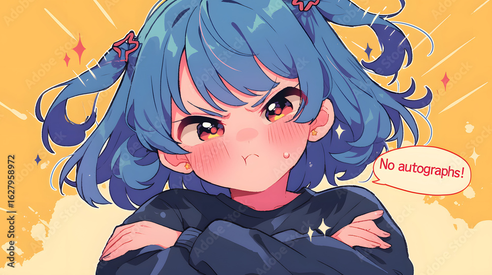 Naklejka premium chibi anime idol with tsundere face arms crossed