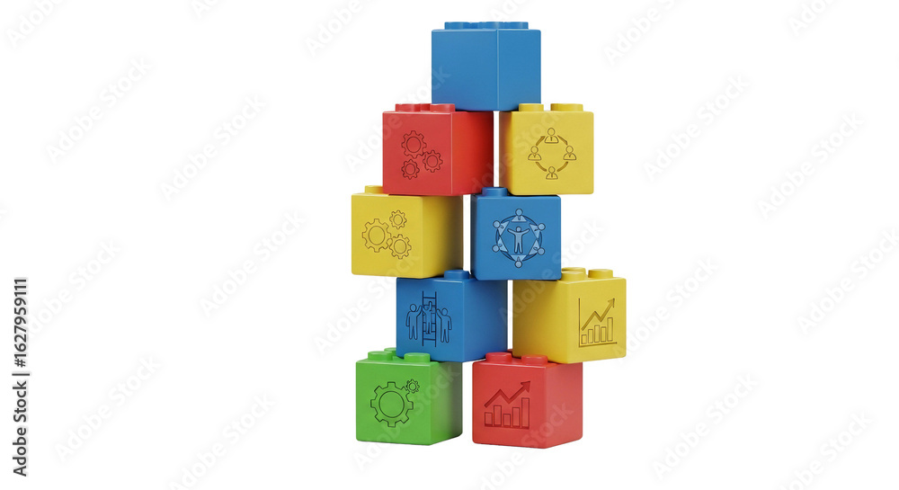 Obraz premium Stack of colorful toy building blocks with business icons isolated PNG with Transparent Background