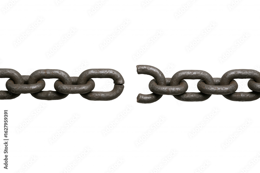 Fototapeta premium Heavy Metal Chain Severed in the Middle, Symbolizing Breakage, Failure, and the End of a Connection