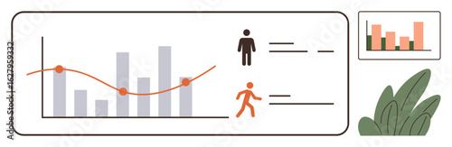 Line and bar graphs tracking statistics, user figures, activity data, and trends. Includes user icons, plants, and a small inset graph. Ideal for analytics, business growth tracking reporting