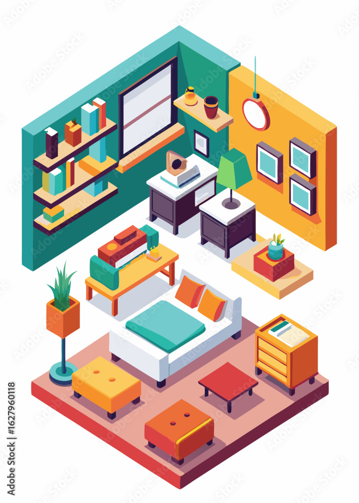 Fototapeta premium Isometric modern bedroom interior with bed, nightstand, and wardrobe. Contemporary furniture layout in cozy home space, elegant minimalist decor in stylish private room. 
