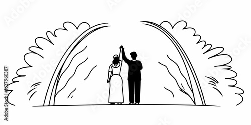 Silhouette of a bride and groom holding hands under an archway of foliage in black and white outline