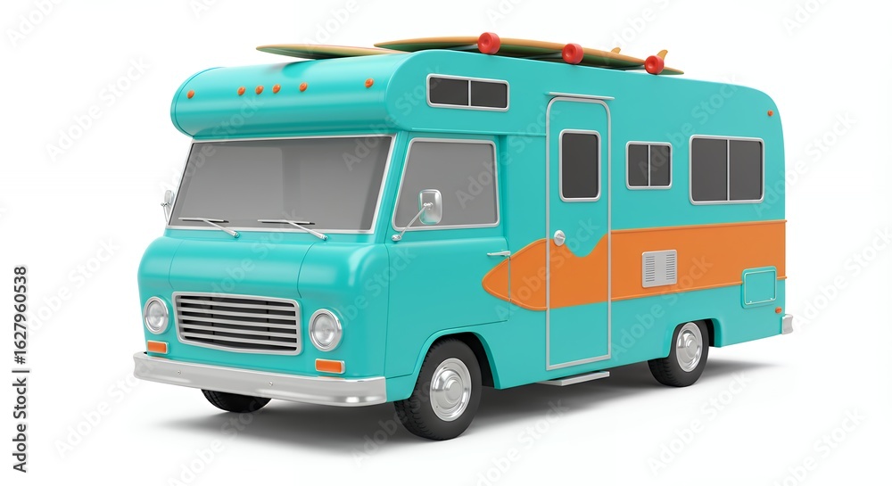Naklejka premium Teal vintage camper van with surfboards