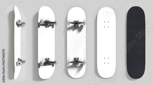 Skateboard deck mockup template – multiple angles, transparent board for easy artwork placement